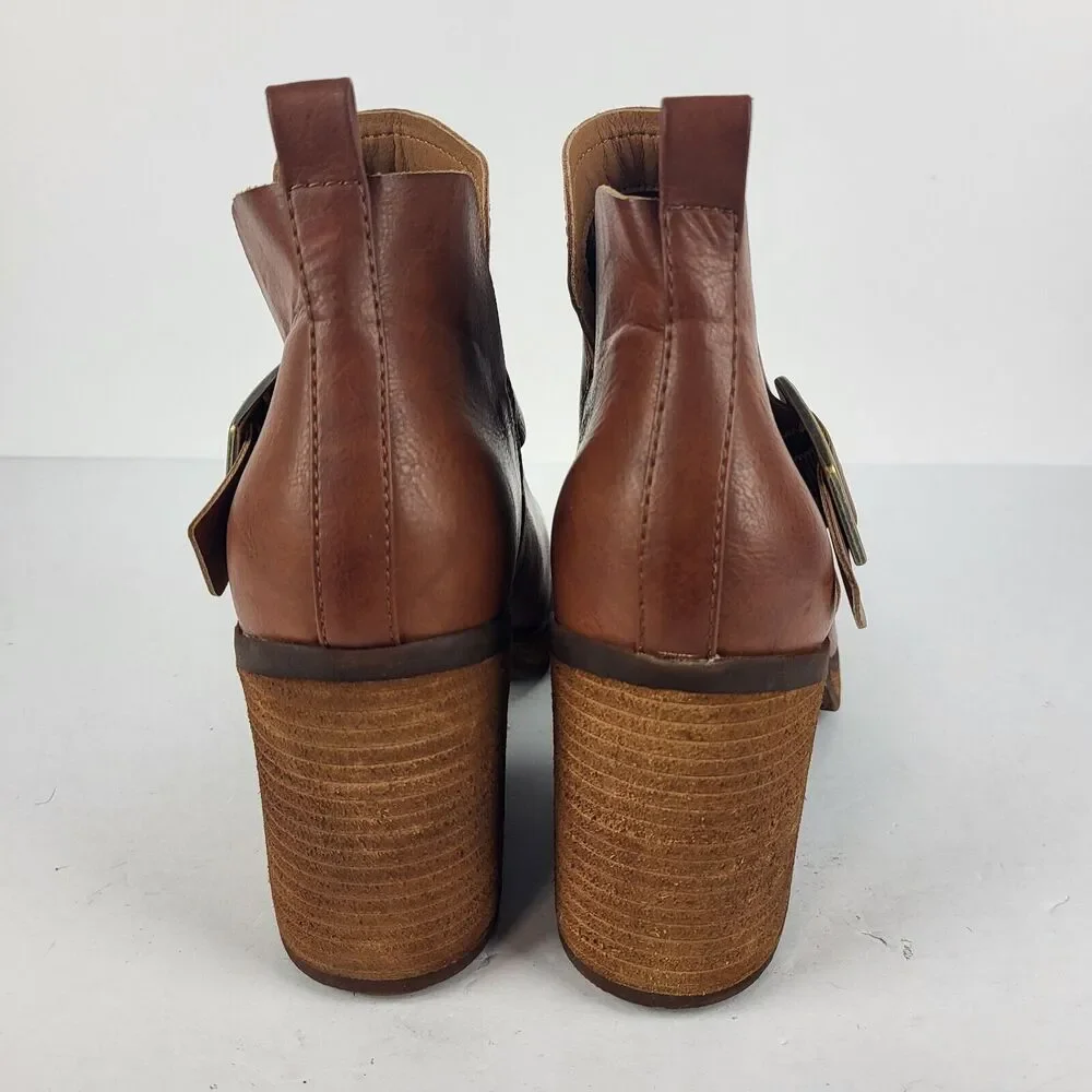 Korks Kari Ankle Booties Pull On Buckle Tan Comfort Padded Wooden 10 M